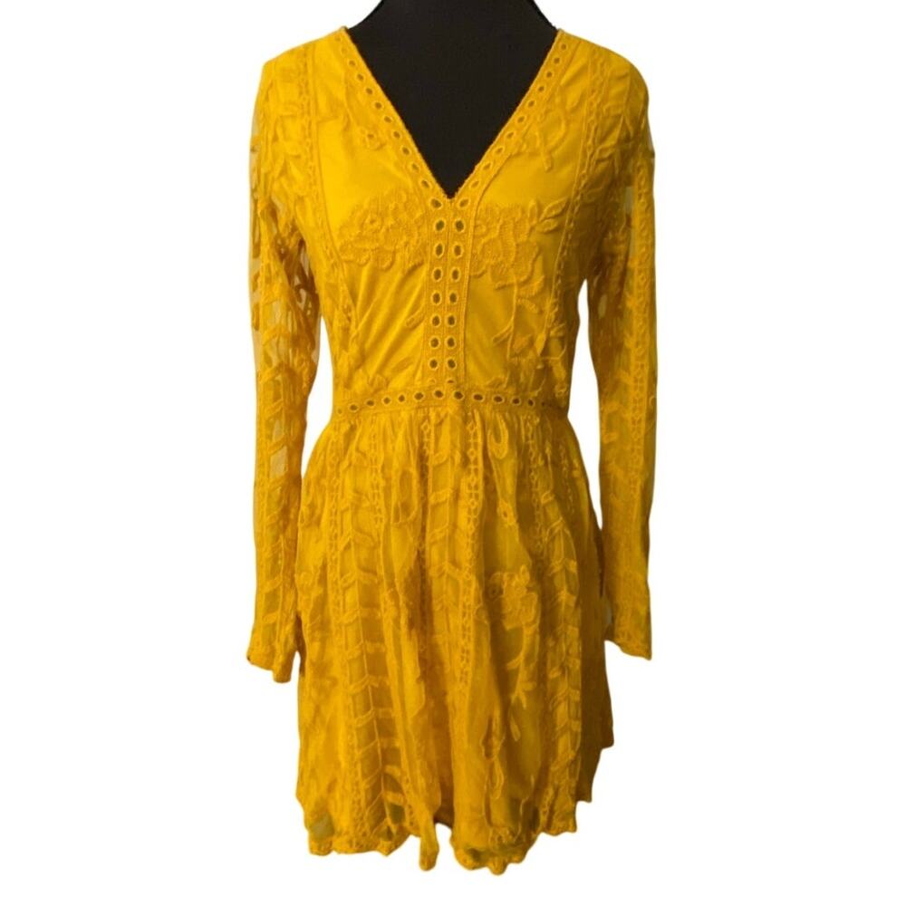 Altar'd State Mustard Yellow Lace Embroidered Dress Long Sleeve Boho Indie Small